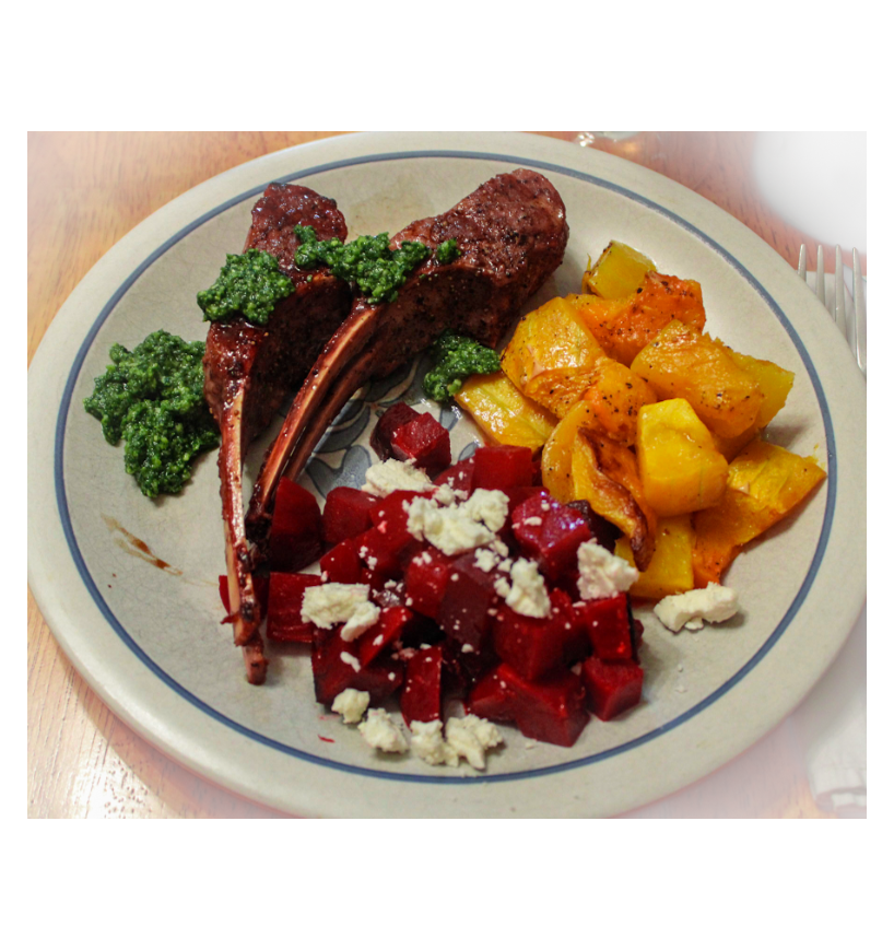 Lamb chops with beets and butternut squash